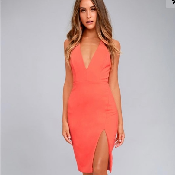 coral bodycon midi dress